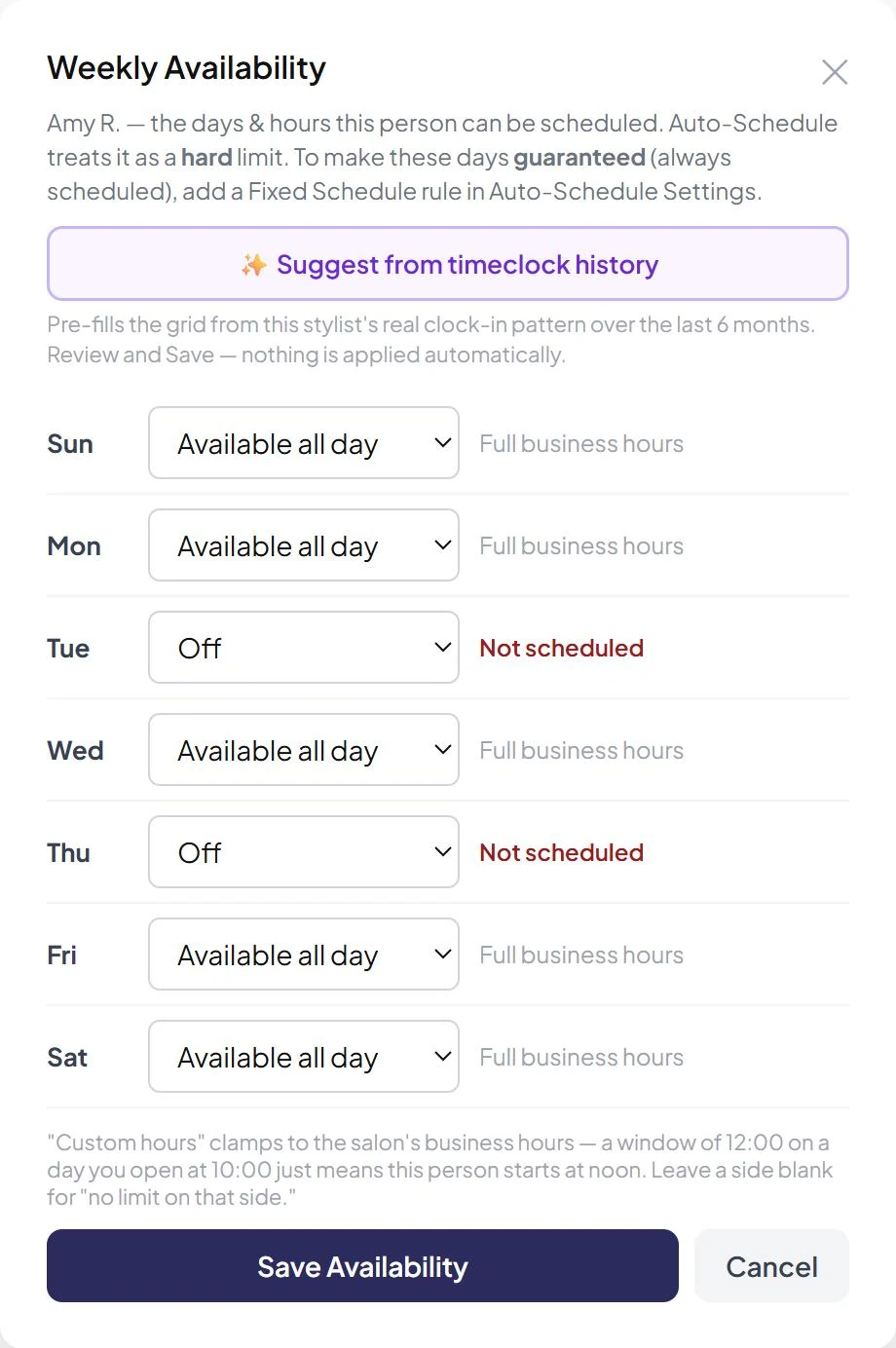 Weekly Availability editor with a Suggest from timeclock history button and an Off or Available all day choice per weekday