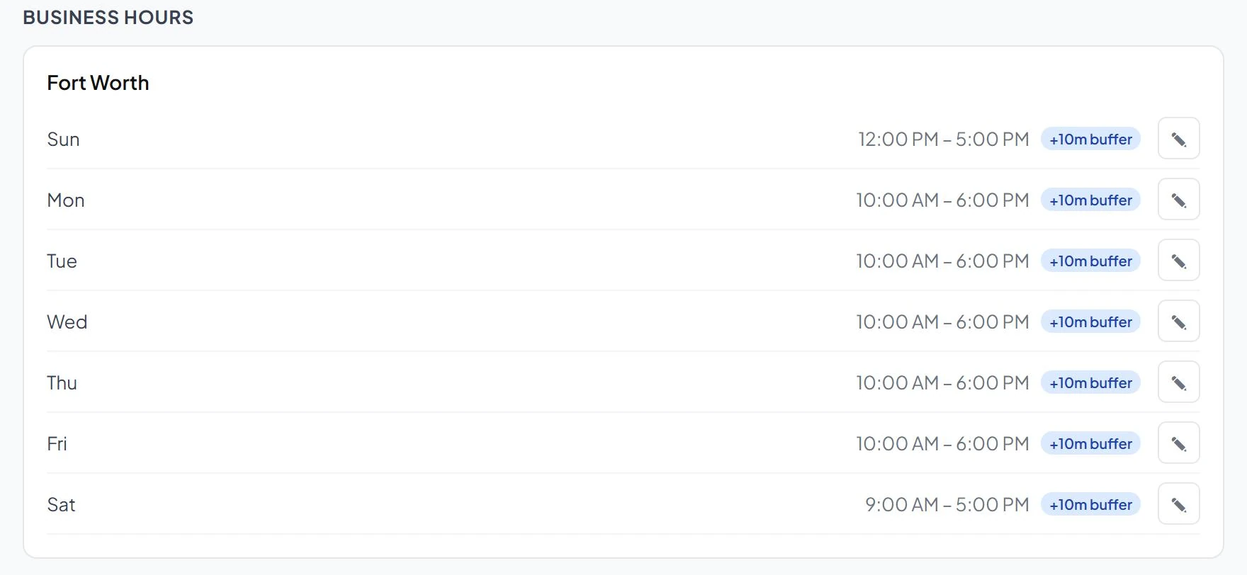 Business hours for a location by weekday, each with a 10-minute booking buffer