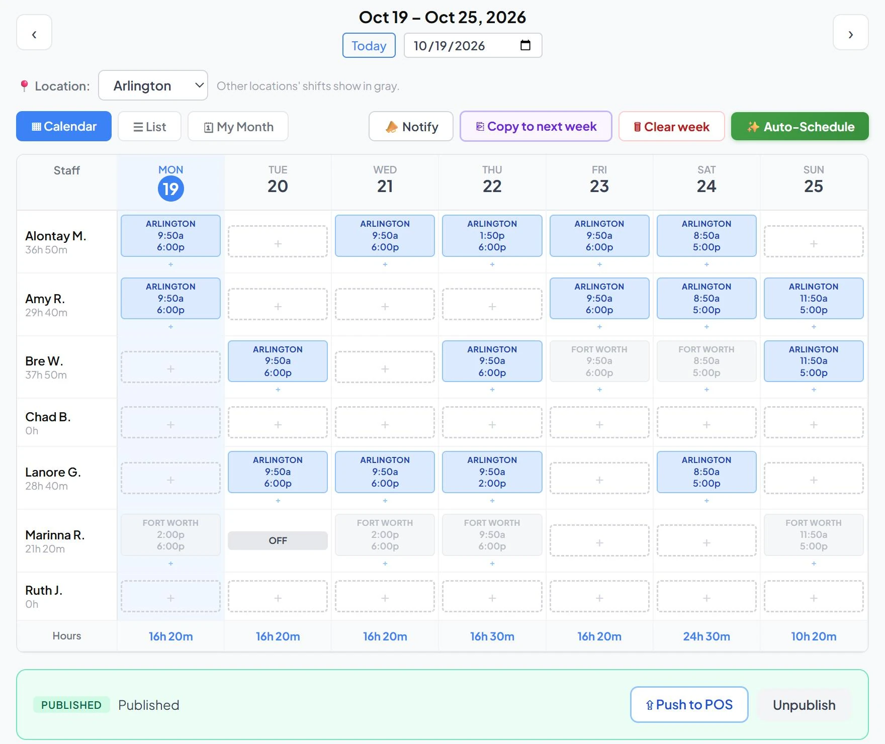 Weekly calendar showing each stylist's shifts for the week, with a Published status bar and a Push to POS button
