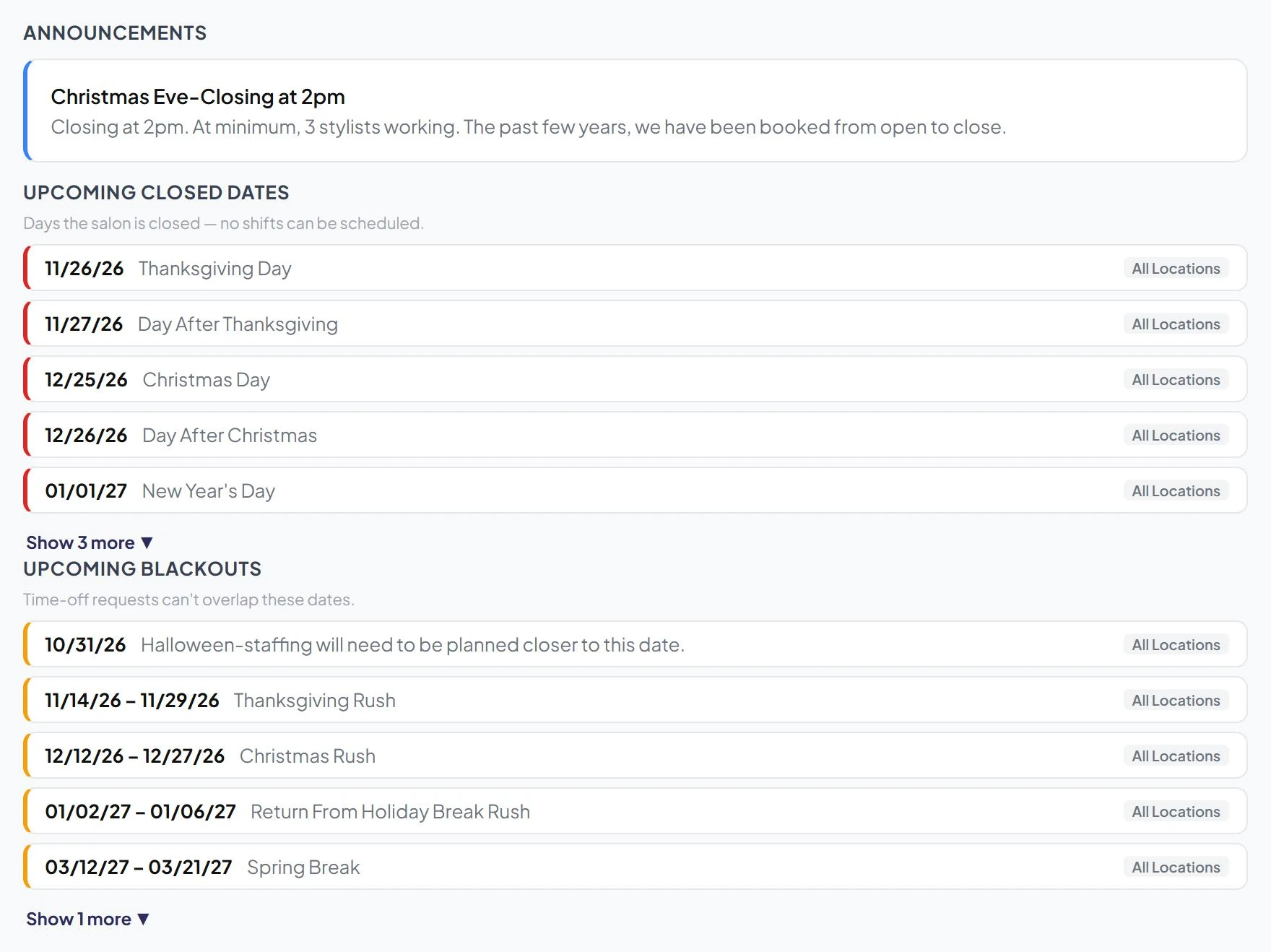 Dashboard showing an announcement, upcoming closed dates, and upcoming blackout periods