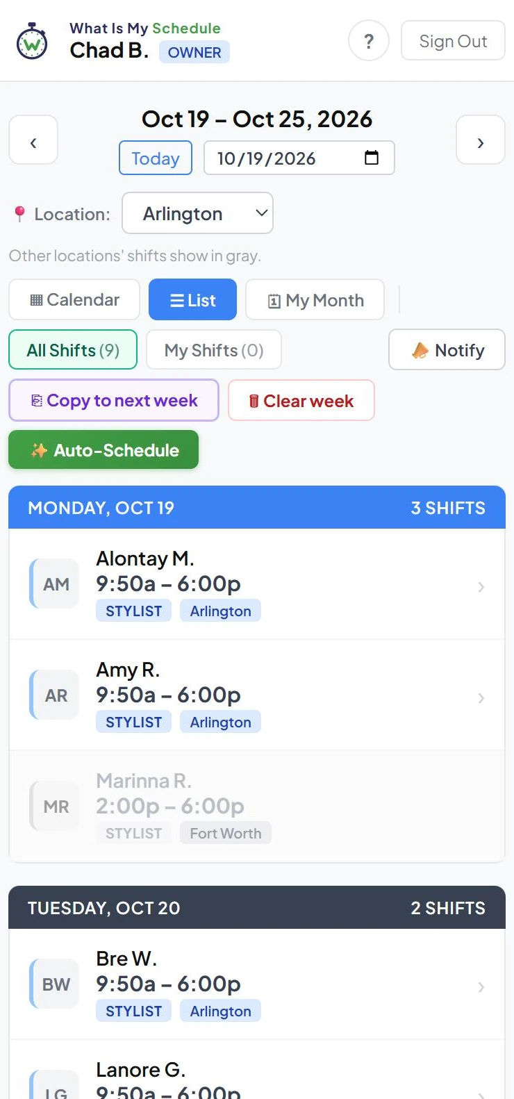 The same schedule on a phone, as a list of shifts by day