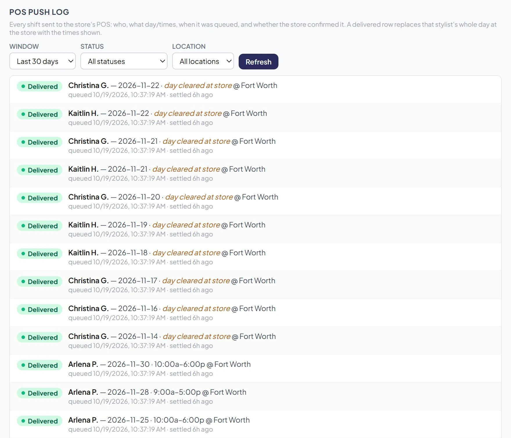 POS push log listing shifts delivered to the store, each marked Delivered